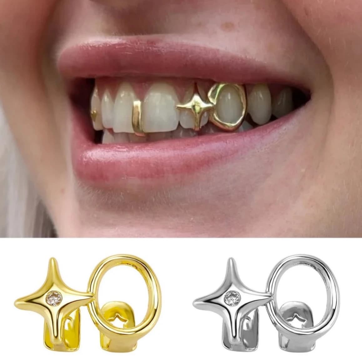 Y2K Glossy Double Hollow Circles Star Tooth Caps Dental Grillz Mouth Jewelry for Men And Women Daily Wearable Trendy Accessory