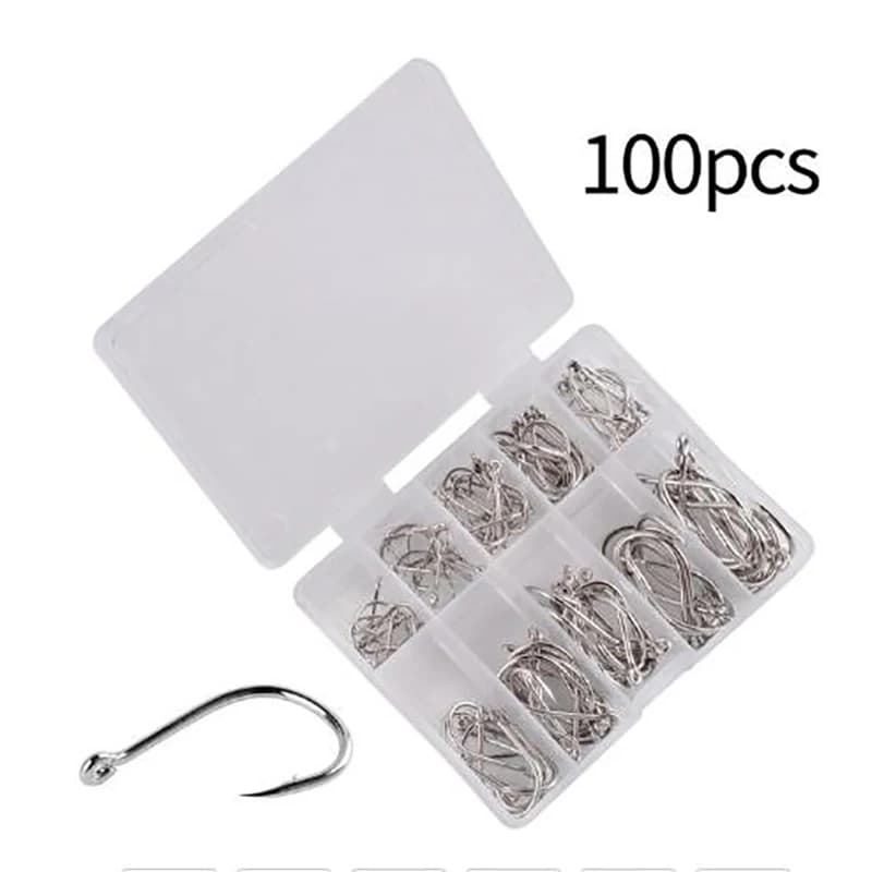 Scatola di 100 ami da pesca a cerchio singolo in acciaio al carbonio, accessori per la pesca