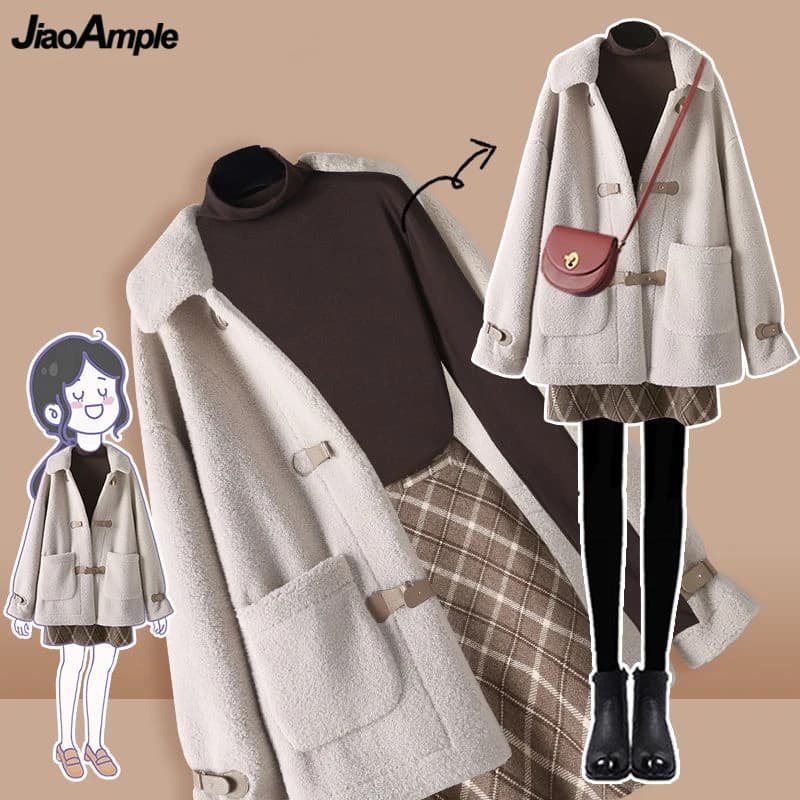 Cappotti di agnello autunno inverno da donna Gonne scozzesi Top con fondo Set da 1 o 3 pezzi Abiti graziosi da donna coreana Abiti stile preppy