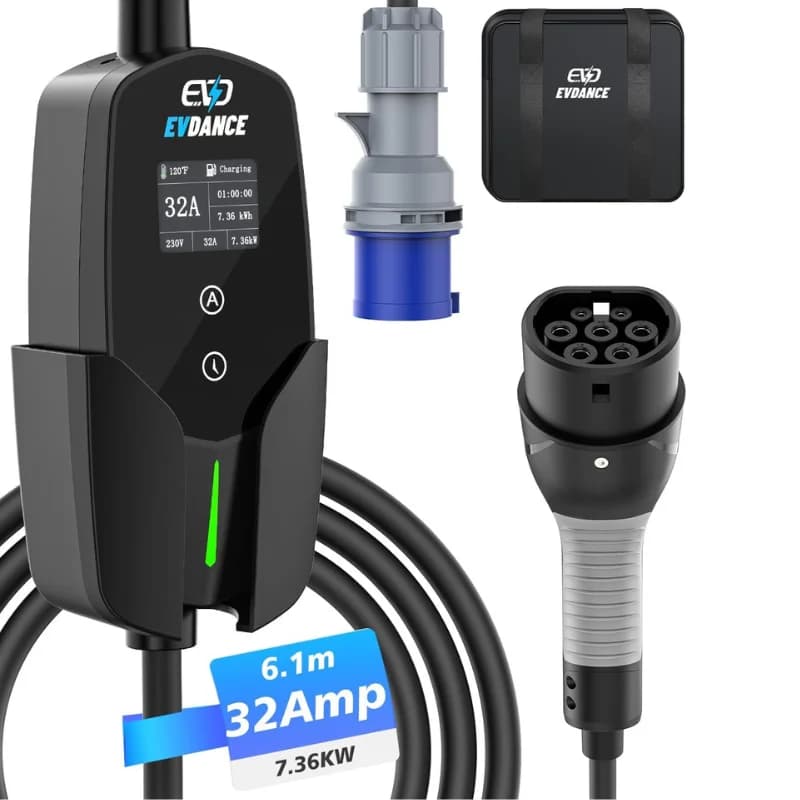 EVDANCE 32A tipo 2 caricatore EV 7.36KW 1 fase 20 piedi cavo caricabatteria per auto elettrica con Display OLED tipo 2a spina CEE IEC 62196-2