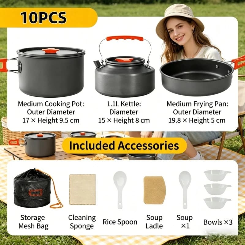 Set di pentole da campeggio per la casa con borsa portaoggetti, bollitore in alluminio ultraleggero, stoviglie portatili per escursioni e picnic all'aperto