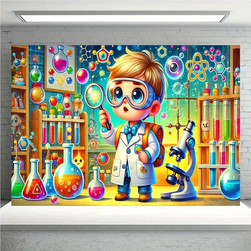 Graziosa tappeto da parete per cameretta dei bambini a tema scienziatore, con microscopio e becher, decorazione educativa STEM per sala giochi e apprendimento
