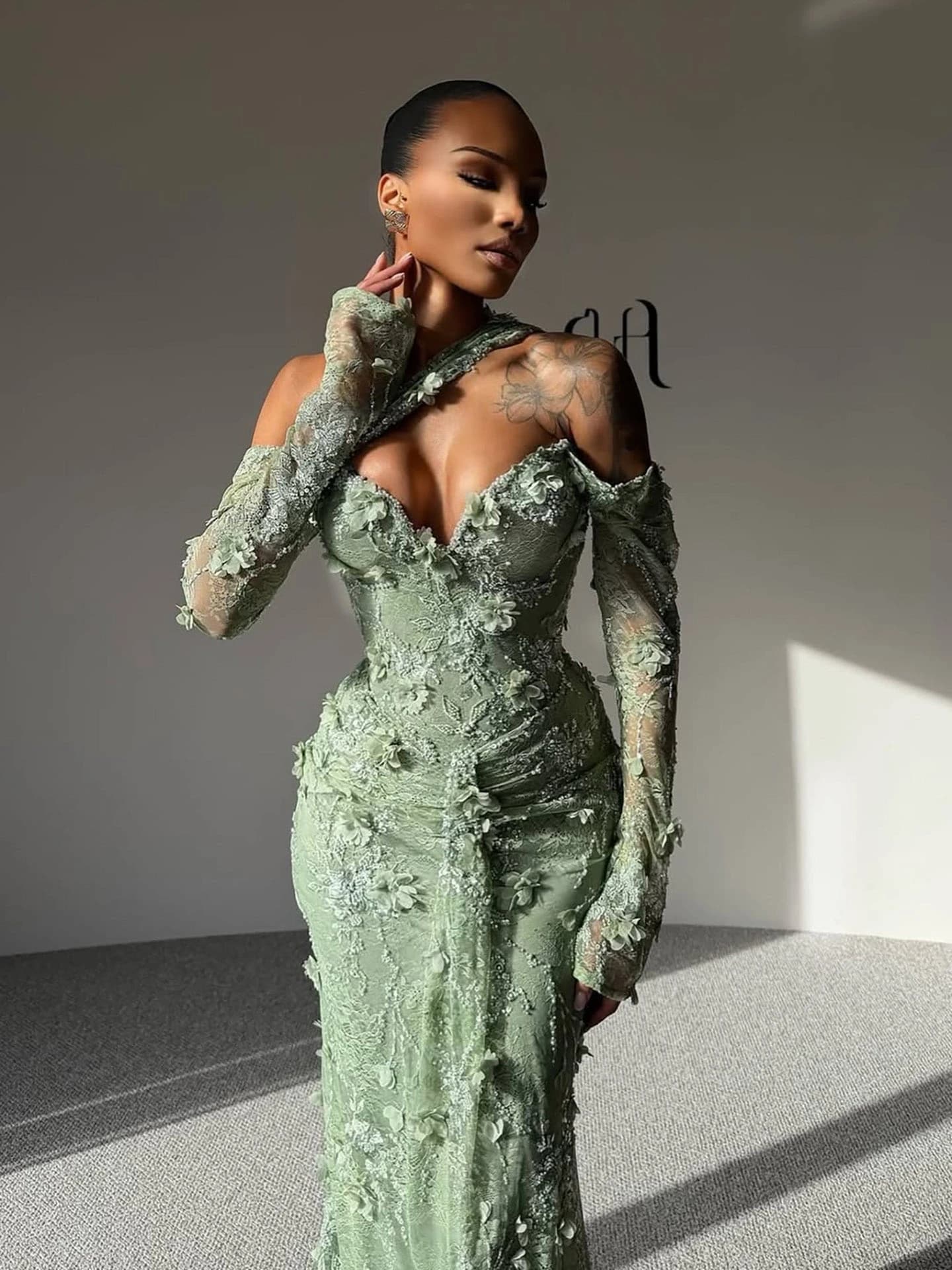 Customized Sage Green Mermaid 3D Flower Pleats Prom Dress Long Sleeve Vestidos De Noche Floor-Length Formal Evening Prom Dress