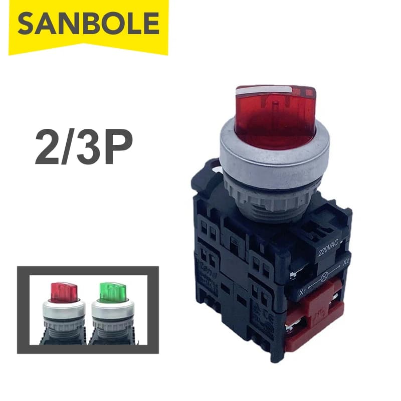 2 Pezzi Interruttore Rotativo con Lampada 2/3 Posizioni TN2, Selettore a Levetta Girevole con Manopola Rossa 22mm NO/NC