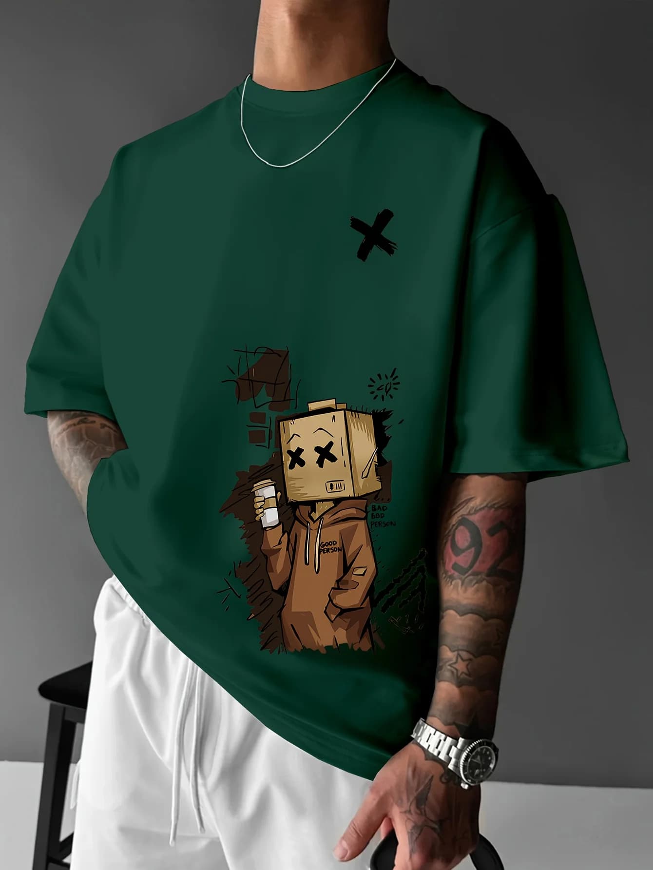 T-shirt da uomo estiva europea e americana con stampa di graffiti dei cartoni animati, comoda e traspirante, girocollo, da strada all'aperto