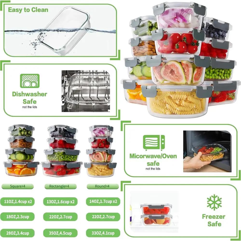 Contenitori per la preparazione dei pasti in vetro borosilicato da 24 pezzi con coperchi a scatto e guarnizione ermetica per la conservazione degli alimenti
