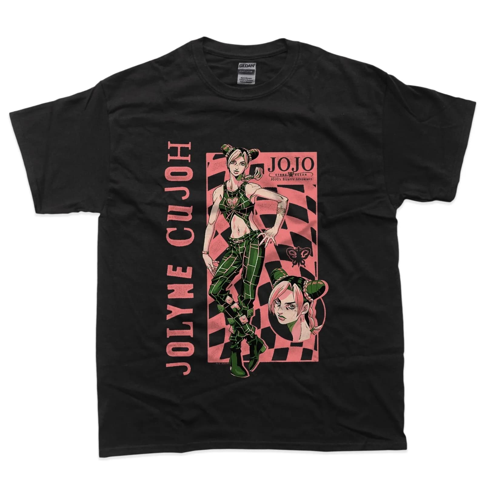 T-shirt con grafica anime a scacchiera di Jolyne Cujoh