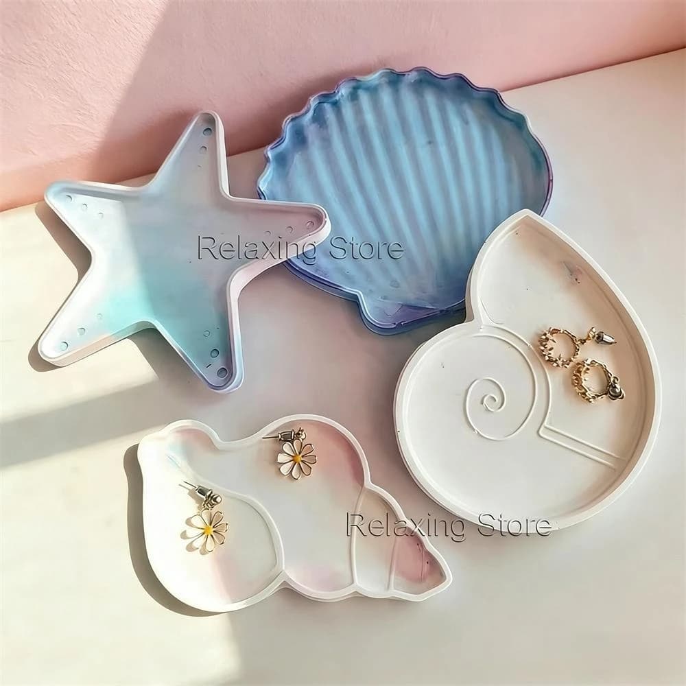 Stampi in silicone per vassoi in cemento a forma di conchiglia, piatti, portacandele a forma di stella marina, vassoi espositori per gioielli in gesso, stampi in resina epossidica