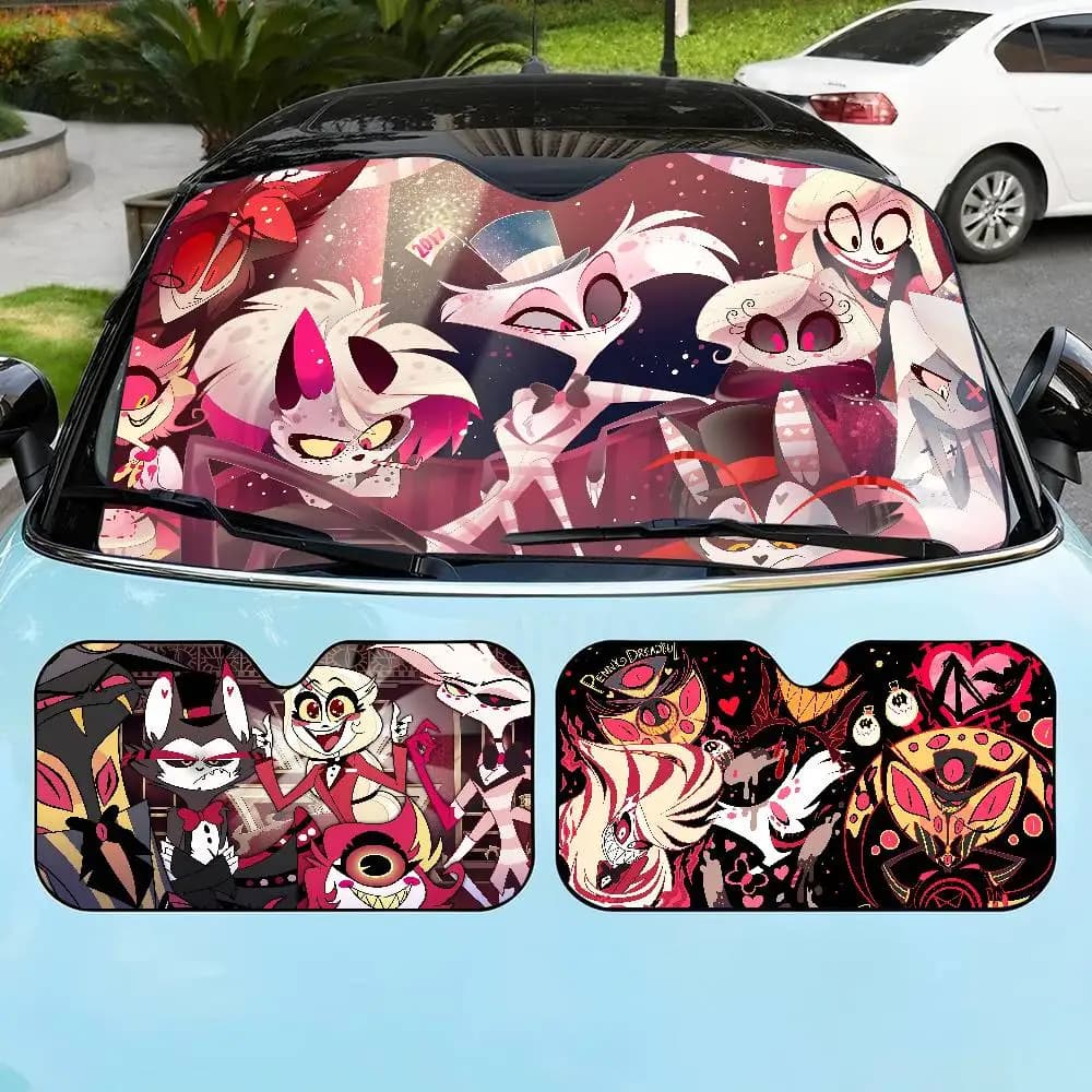 H-Hazbins Cartoon Hotels Car Windshield Sun Shade Foldable Car Front Covers Car Sunshade For Car Accessories Blocks Uv Rays