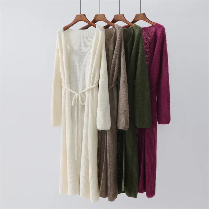 Maglione accappatoio in tessuto tinta unita autunnale con cardigan di media lunghezza allacciato, cappotto ampio al ginocchio da donna pigro e confortevole