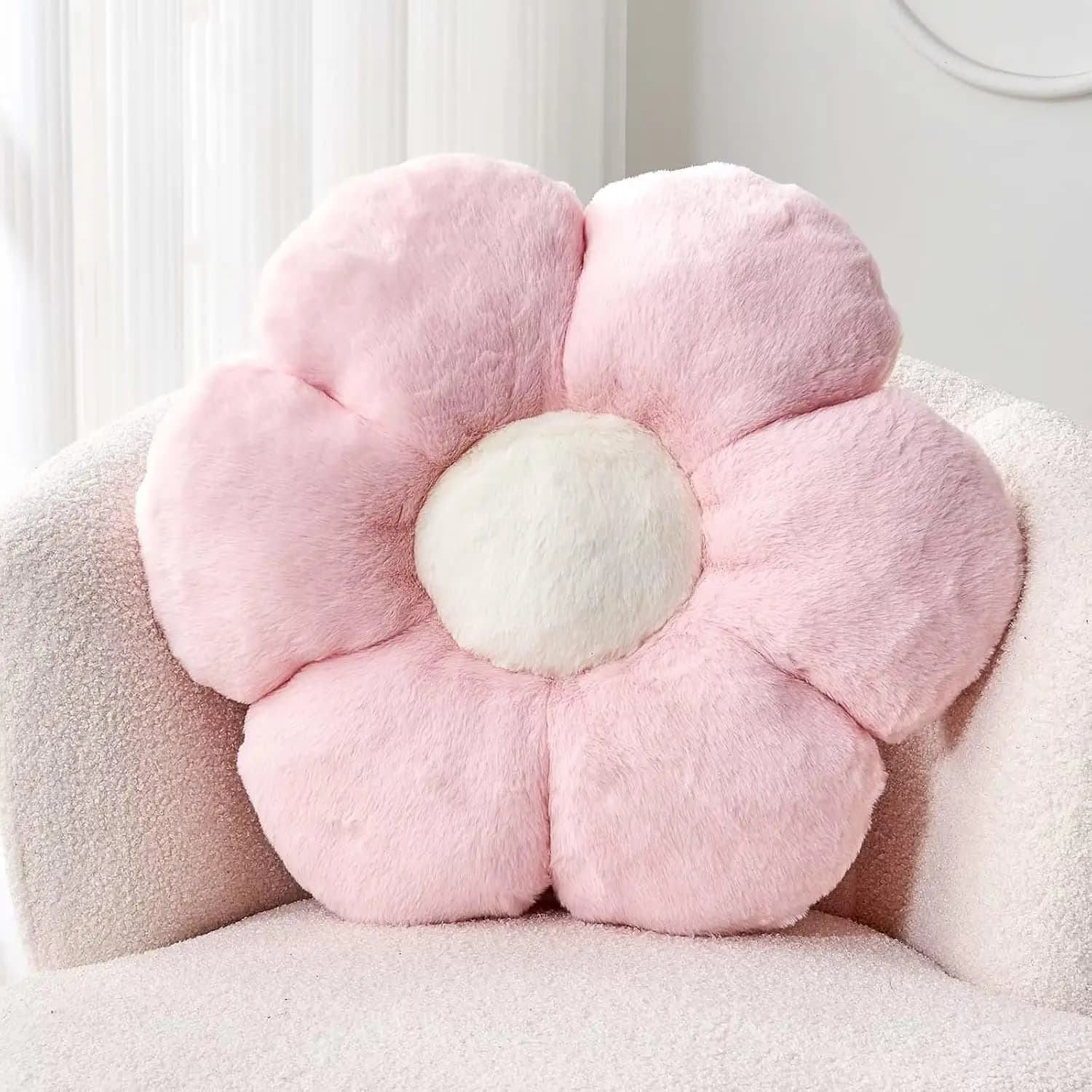 Soft Pink Flower Shape Cushion, Decorative in Faux Bedroom Fur and Living Room