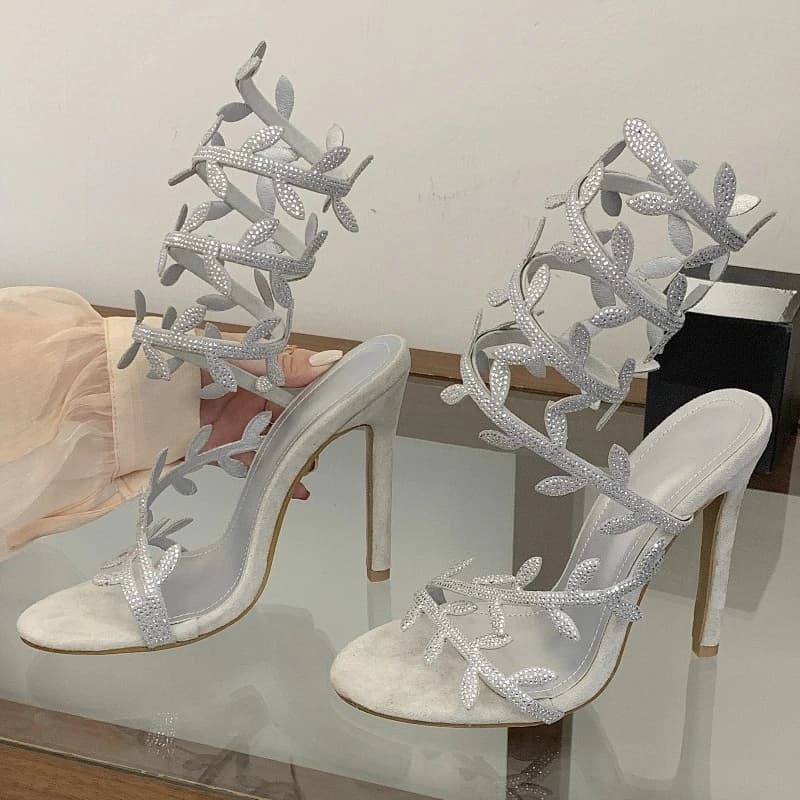 Aneikeh Summer Sexy Women Rhinestone Gladiator High Heel Sandals Open Toe Ankle Wrap Stiletto Heels Wedding Party Dress Shoes