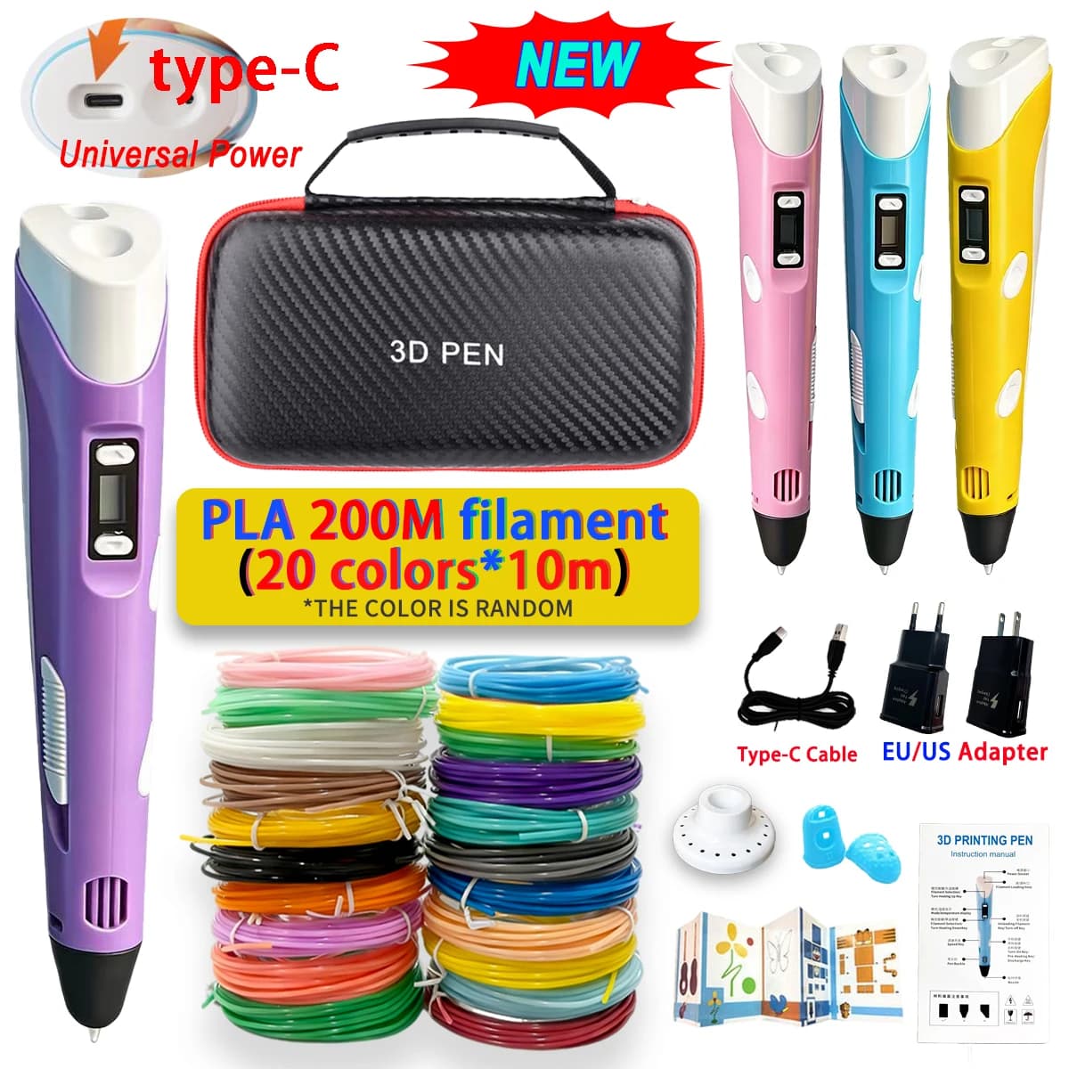 3D Pen for Kids Updated, Birthday Gift and Christmas, Type-C Cable, Power Adapter, PLA Filament, Travel Case