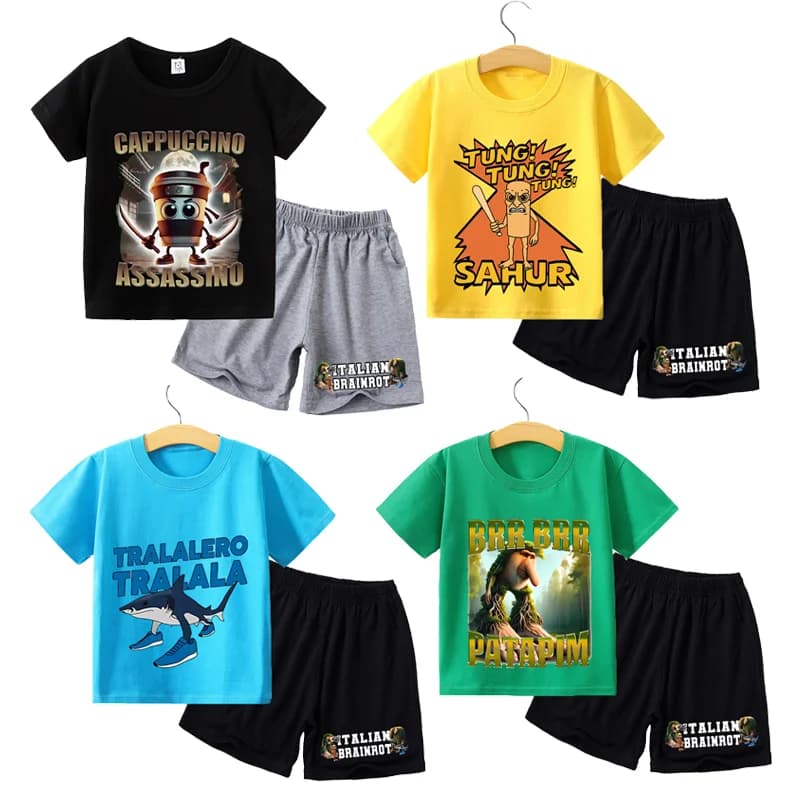 Tung TungTung Sahur Boy Girl Summer T-shirt Set Kid Clothes 2pcs Italian Brainrot Shorts Tops Tee Sport Tracksuit Summer Outfits