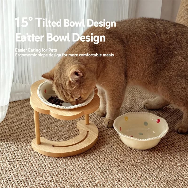 New Raised Tilt Pet Cat Bowl Food-Grade Lead-Free Ceramic Bowl Anti-Tip Solid Wood Holder Neck-Friendly Feeding Dish for Cat Dog