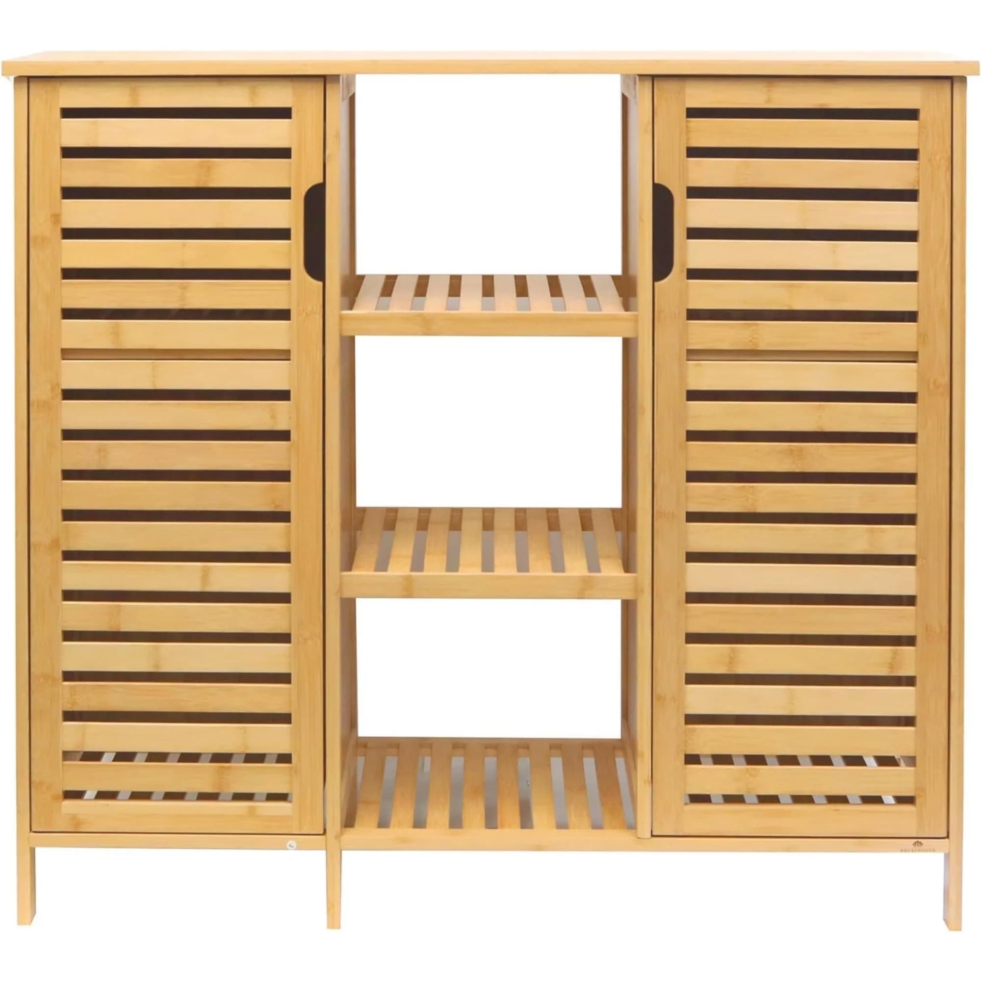 Bamboo Floor Cabinet with 2 Shutter Doors and 3 Open Shelves, Freestanding Organizer for Bathroom, Kitchen, Living Room, Eco-Friendly and Durable, Brown