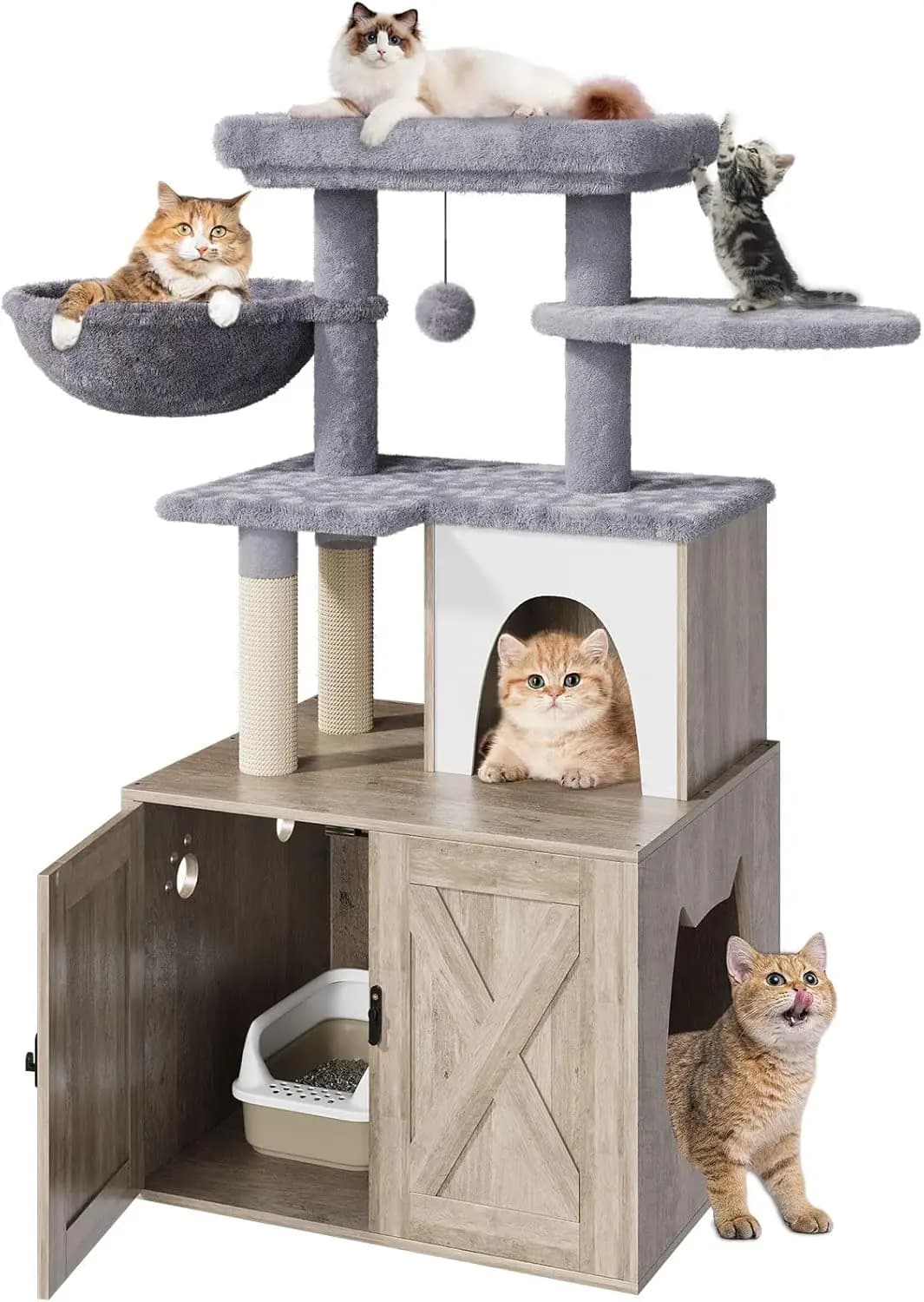 Mobiletto per lettiera con albero per gatti, lettiera con albero per gatti integrato, mobiletto per bagno per animali domestici nascosto con tiragraffi in sisal