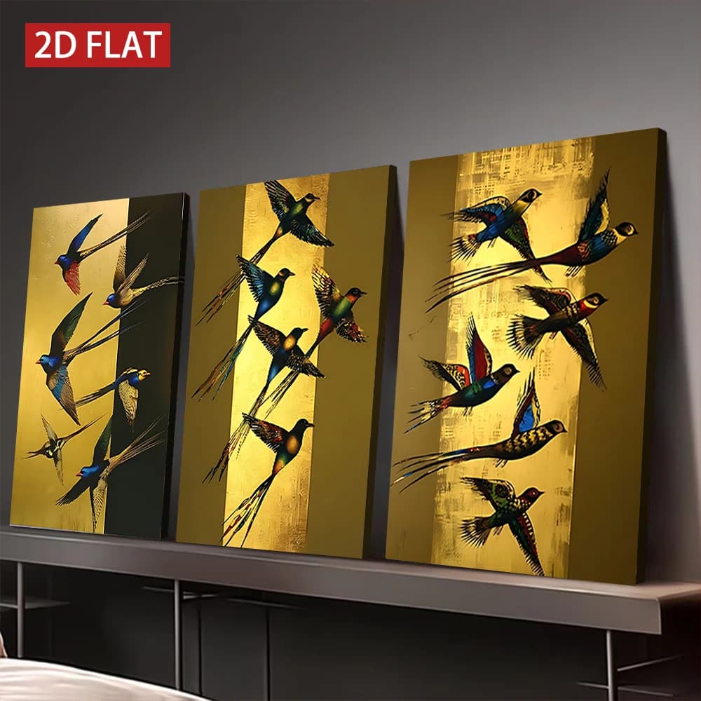 3 Counts Wooden Framed Canvas Painting, Golden Long-tailed Bird Art Print ,Wall Decor for Living Room Office Bedroom