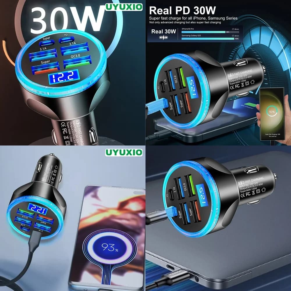 Car Charger PD 30W 6 Ports Fast Charging LED Digital Display Super Fast for iPhone 17 16 15 14 Pro Max Plus Plug Smart IC Chip