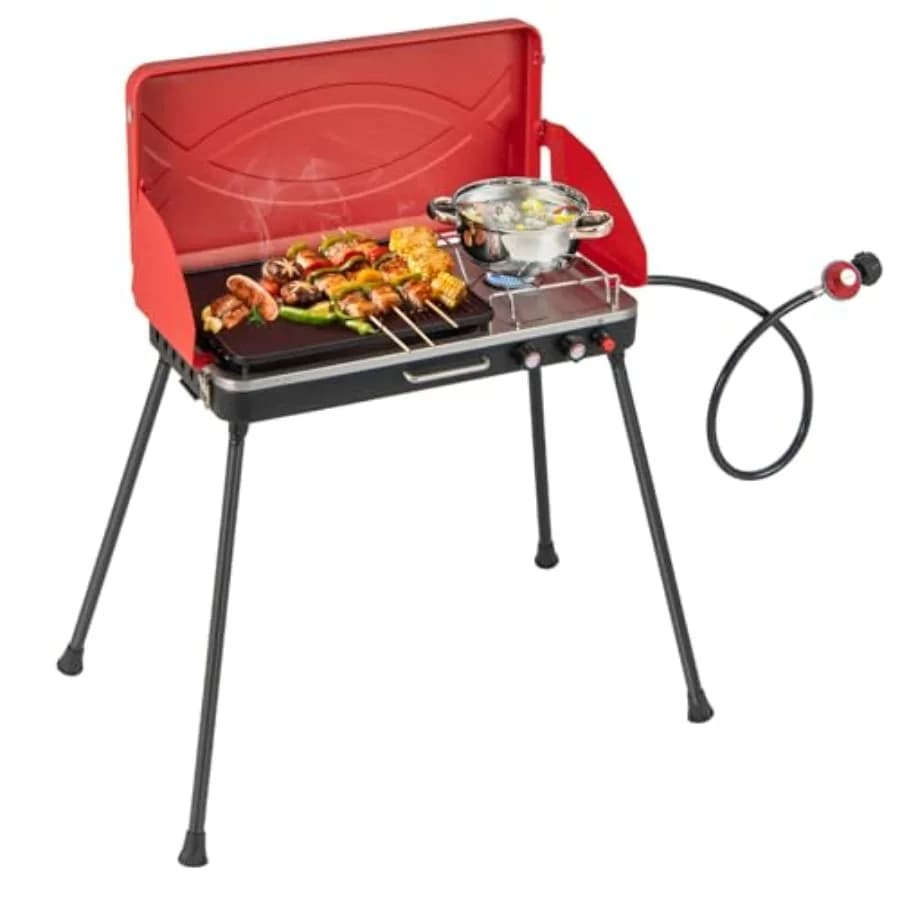 Fornello da Campeggio a Gas a 2 Fuochi, Griglia BBQ Portatile con Gambe Staccabili, Bruciatore a Propano Rosso, Fornello da Esterno 22.000 BTU con Protezione dal Vento