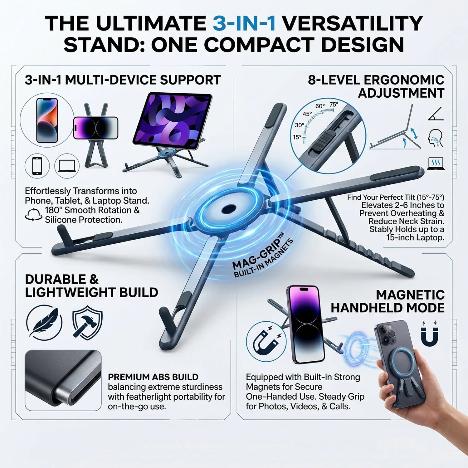 3 in 1 Foldable Laptop Stand Magnetic Phone Holder Portable Desk Mount with Tripod Handle for Pro iPad Travel Vlogging