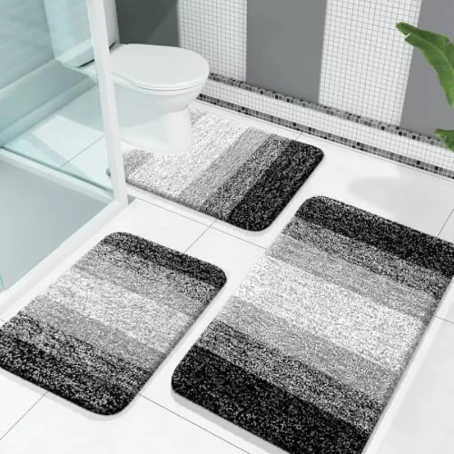 Set di Tappeti da Bagno 3 Pezzi, Morbidi e Assorbenti in Microfibra, Tappetino per WC a Forma di U e Tappeto Shaggy per Bagno