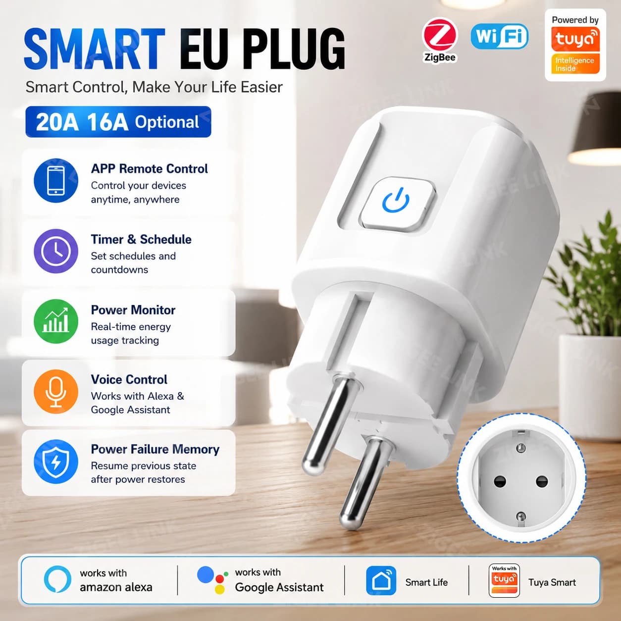 Tuya WiFi Smart Plug 16A/20A EU Smart Socket With Power Monitoring Timing Function Smart Life APP Voice Control Via Alexa Google