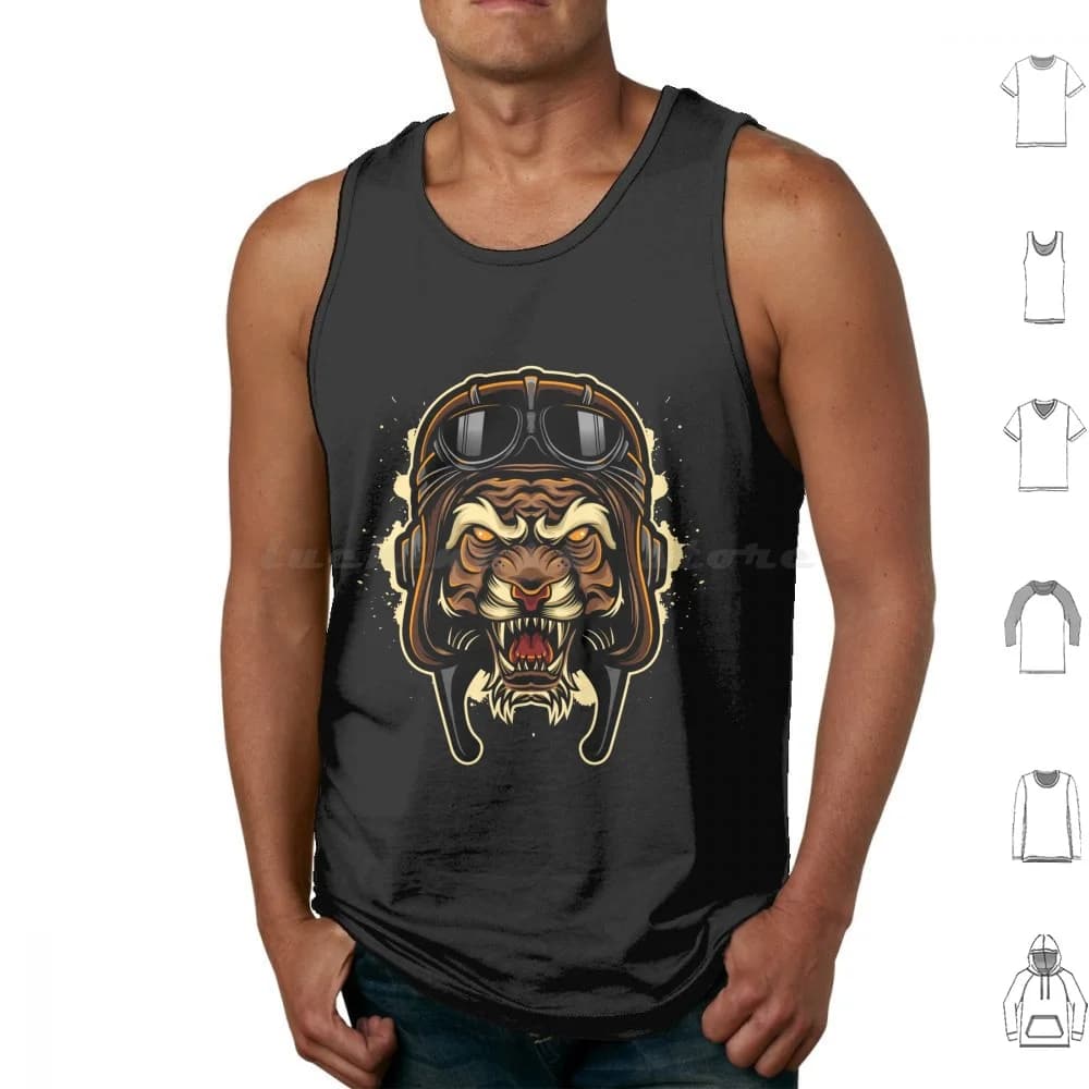 Tigre arrabbiata con pilota Hemlet Canotte Canottiera senza maniche Simpatici animali colorati Arcobaleno Fiori Vita Estate Trendy Retro Cool