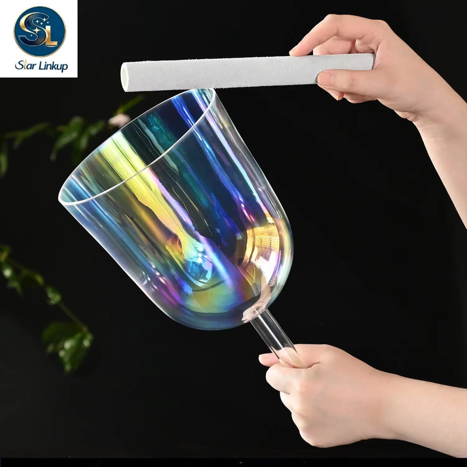 STAR LINKUP 8 Inch Cosmic Light Clear Quartz Crystal Singing Bowl with Handle for Stress Relief Sound Healing and Meditation