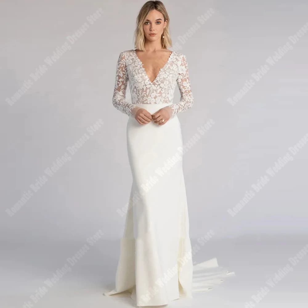 Sexy scollo a v sirena donna abiti da sposa stampa pizzo abiti da sposa lunghezza straccio maniche lunghe principessa abiti De Novia 2025