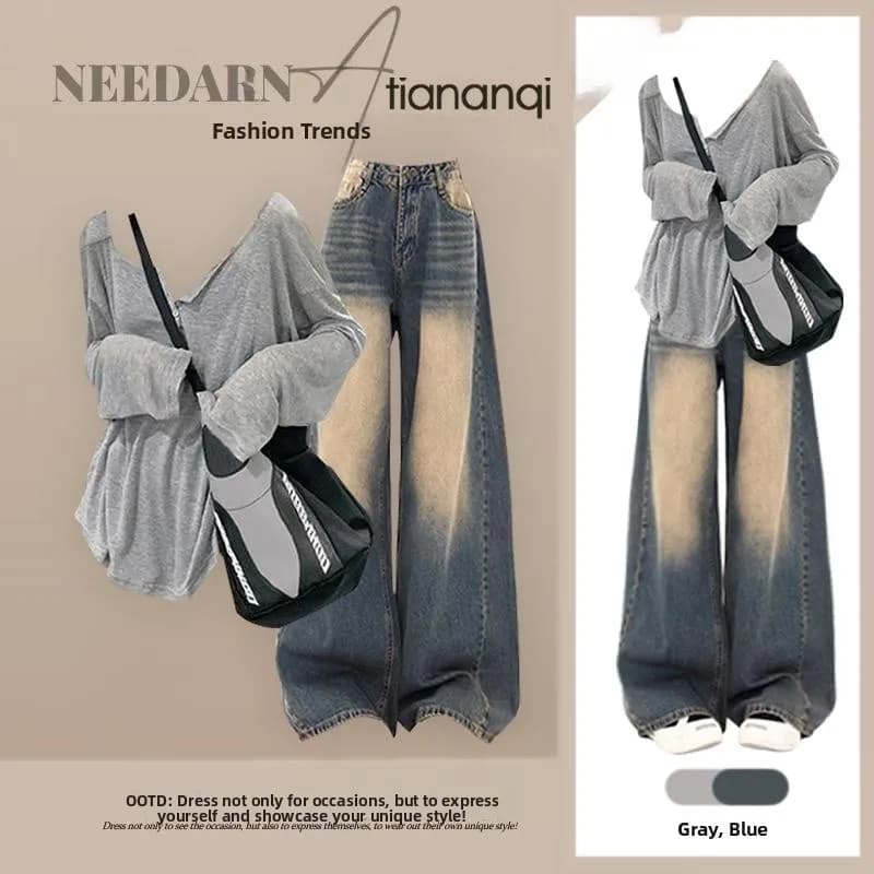 New Women's Spring Dress in Cotton: Top with Nappe and Jeans High Waist Wide Vintage Style