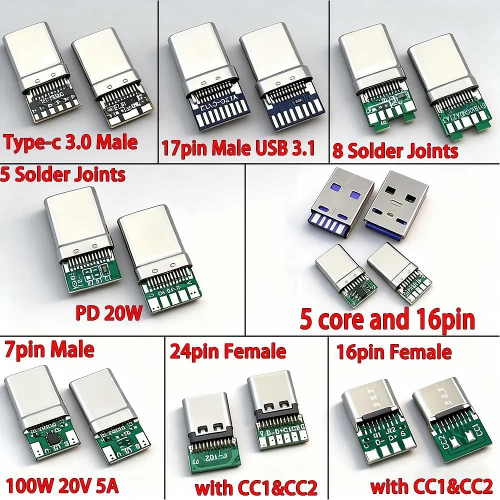 TYPE-C 14P 16P 24 pin female socket with data cable module, USB quick charging stick and PCB connector with double resistors CC1/ CC
