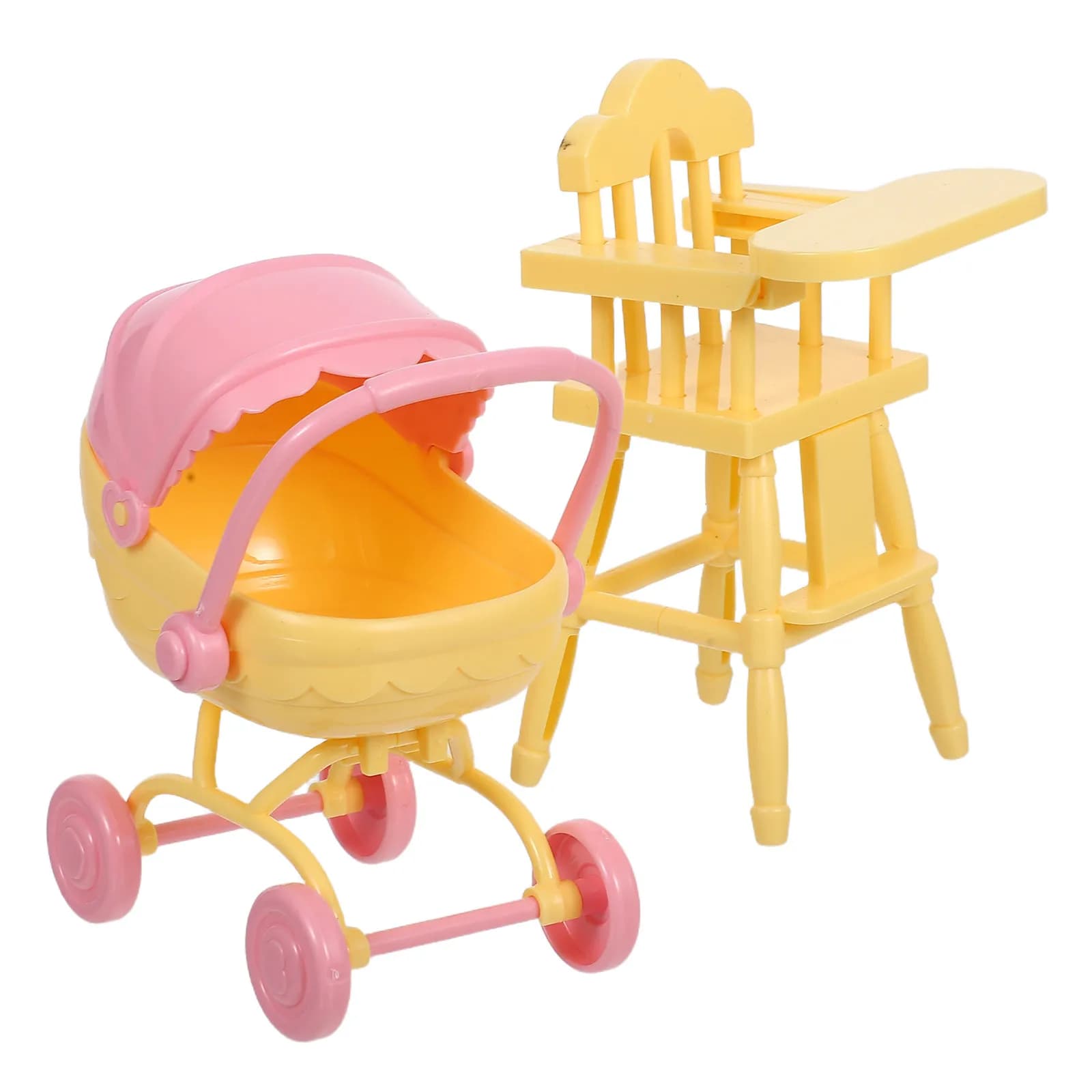 Set di 1 passeggino in miniatura in ABS con ruote mobili e piccola seggiolina per interni di case delle bambole, per giochi di imitazione