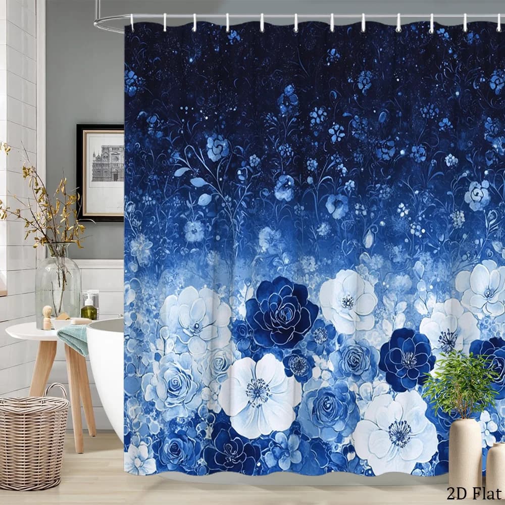 Elegant Watercolor Blue Floral Shower Curtain Waterproof Bathroom Shower Liner Navy Blue Botanical Bloom Print 180x200cm