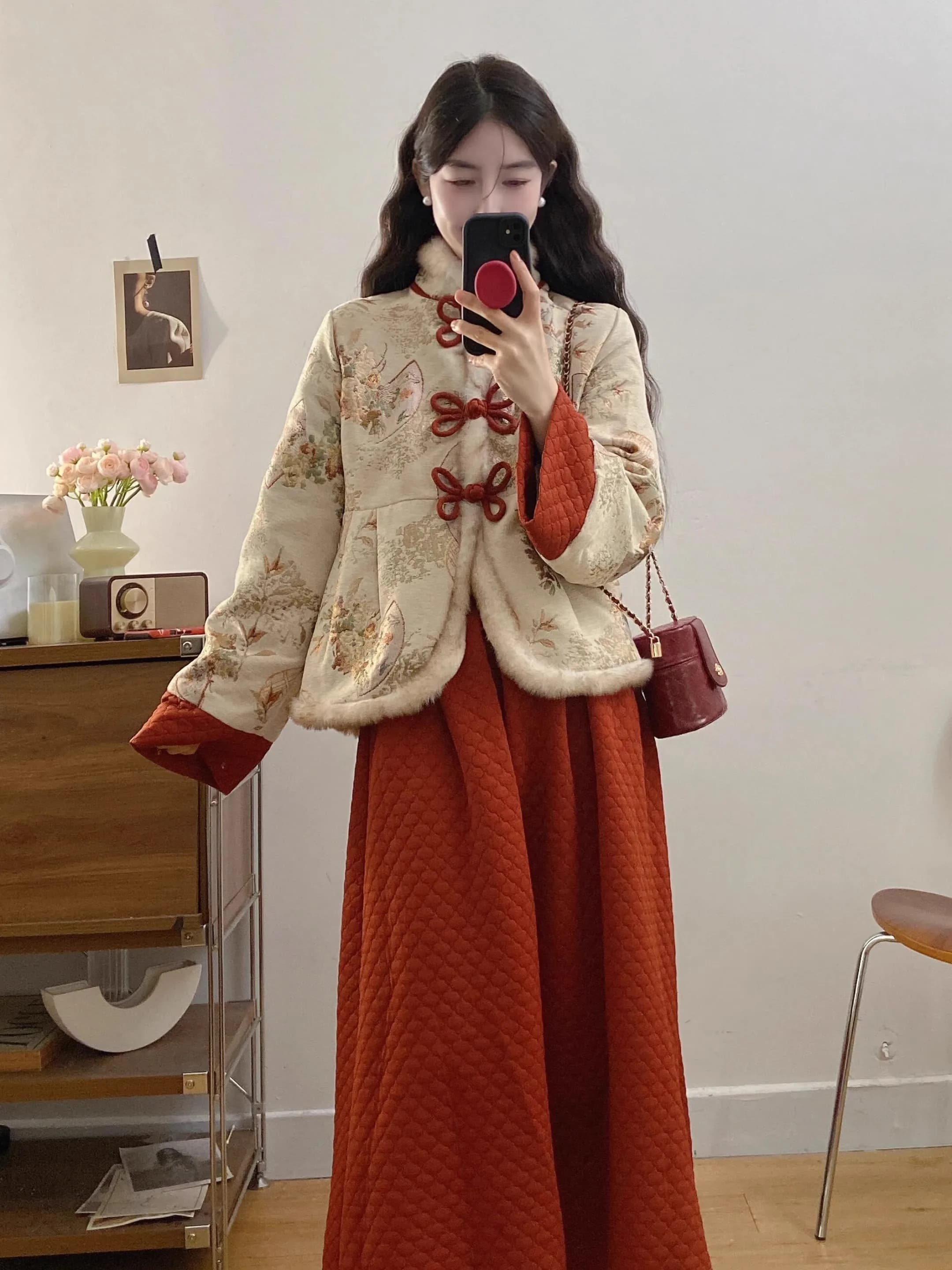 Nuovo Set Due Pezzi in Cotone Imbottito Stile Cinese, Gonna e Giacca Invernale da Donna, Elegante Qipao Lungo per Uso Quotidiano in Fibra di Poliestere