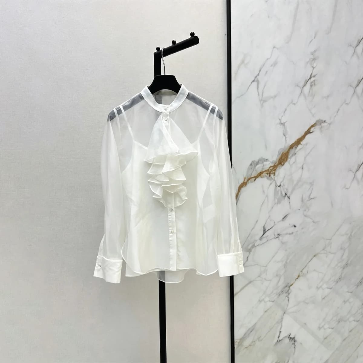 2026 High quality women's French standing collar multi-layer ruffle collar slightly translucent chiffon sunscreen shirt--hb728