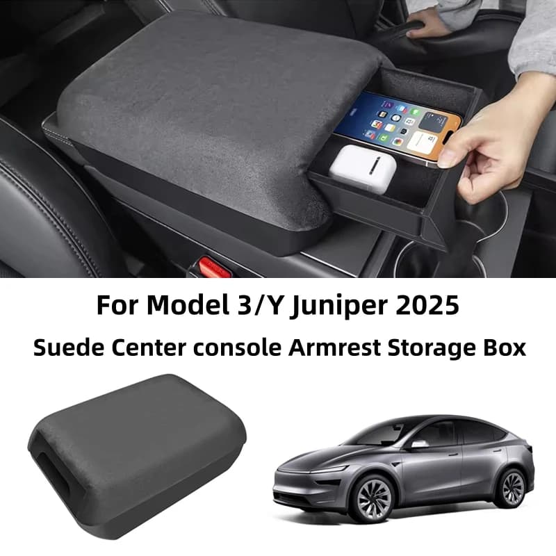 Copertura per Bracciolo Centrale in Morbida Pelle Scamosciata con Vano Portaoggetti per Tesla Model Y Juniper 2026 e Model 3 Highland