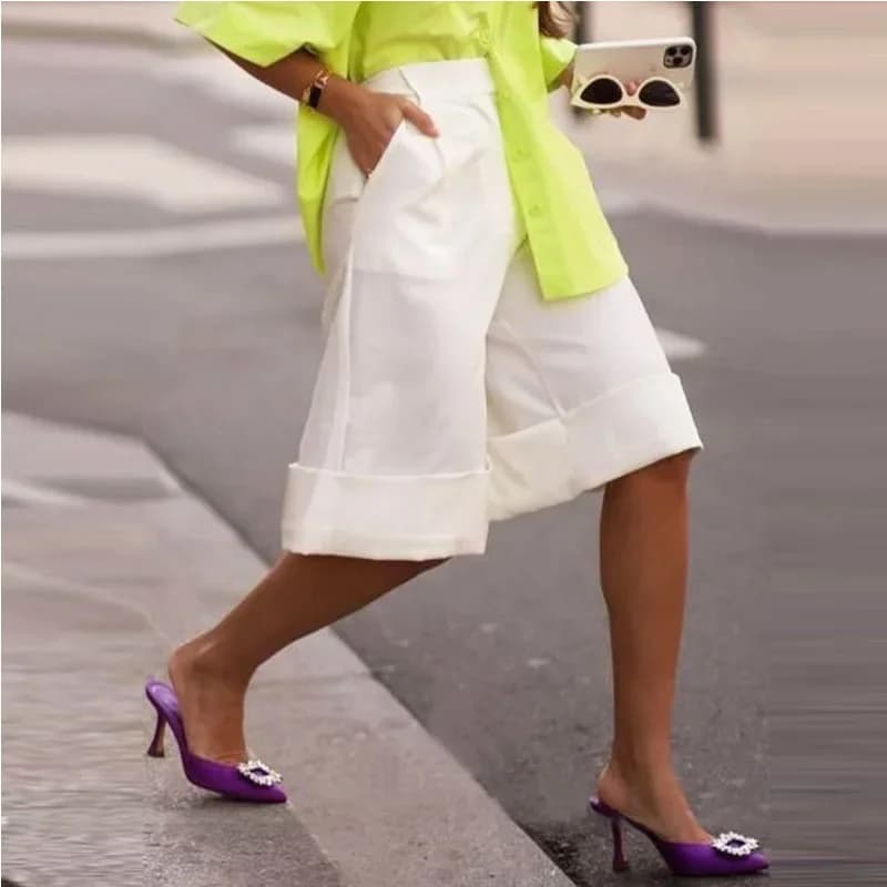 Women's Wide Leg Pants & Capris for Spring Summer 2025 Loose Casual Knee Length White Shorts Simple Trousers Bottoms for Female