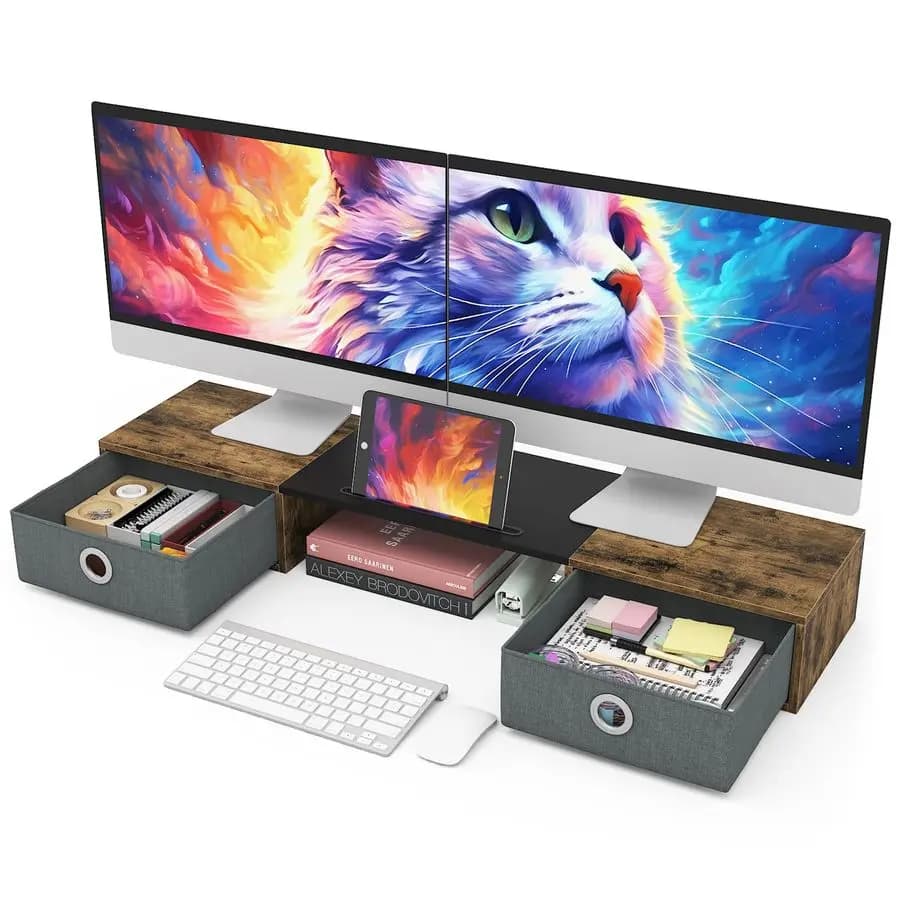 Dual Monitor Support with Two Drawers, Large Storage Space for 2 Monitors, Computer Desk Organizer, Laptop, Screen, Printer