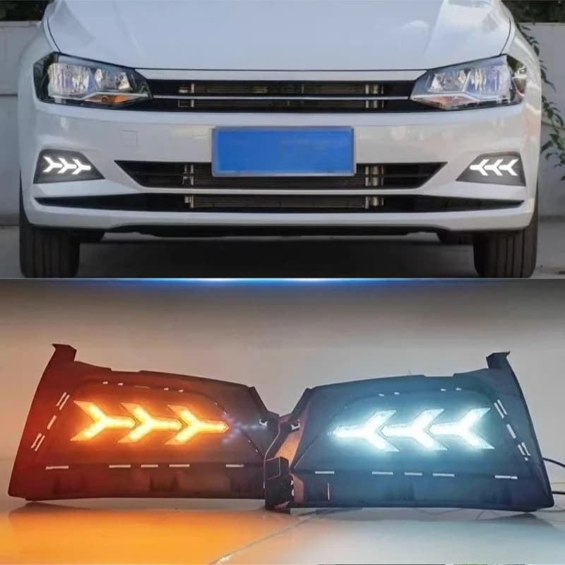 For Volkswagen Polo 2019 2020 2021 2022 2023 LED Daytime Running Lights Front Fog Lamp Yellow Streamer Steering DRL Daylights