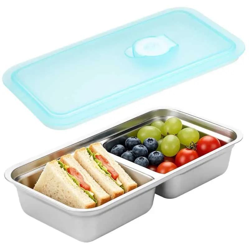 Contenitori per Snack in Acciaio Inox con Coperchi, 2 Scomparti Separati, Scatola Bento in Metallo, Contenitori per Alimenti Riutilizzabili per Casa e Viaggio