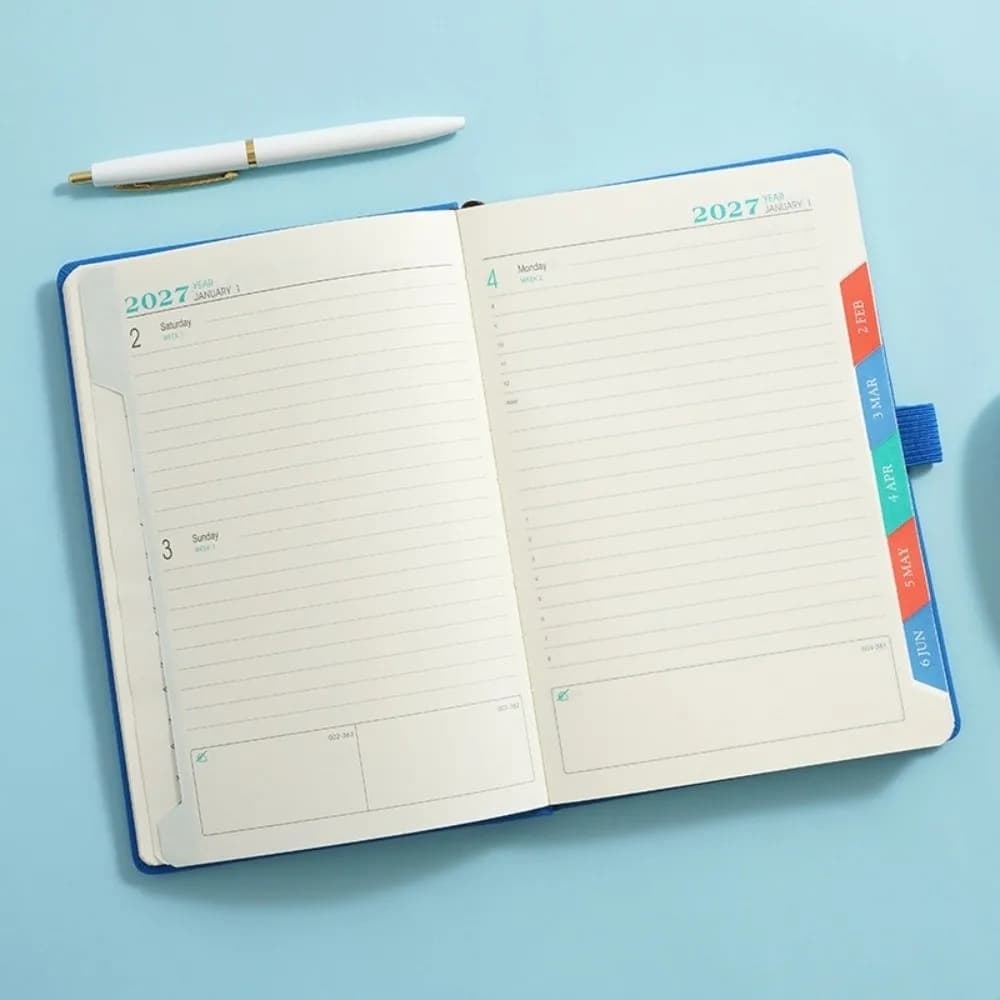 English 2027 Schedule Planner Notepad Wear-resistant 12 Months A5 Agenda Planning Notebook Leather Cover Simple