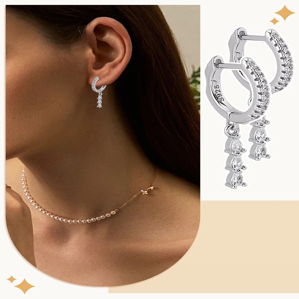 1Pair Brass Micro Pave Clear Cubic Zirconia Hoop Earrings Teardrop Platinum 26.5x2.5mm