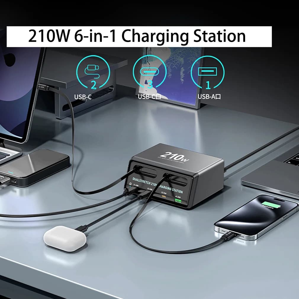 6-in-1 210W USB-C Cable Power Hub Car Fast Charger Station with Retractable Multiple Devices Charging for iPhone Samsung Tablet