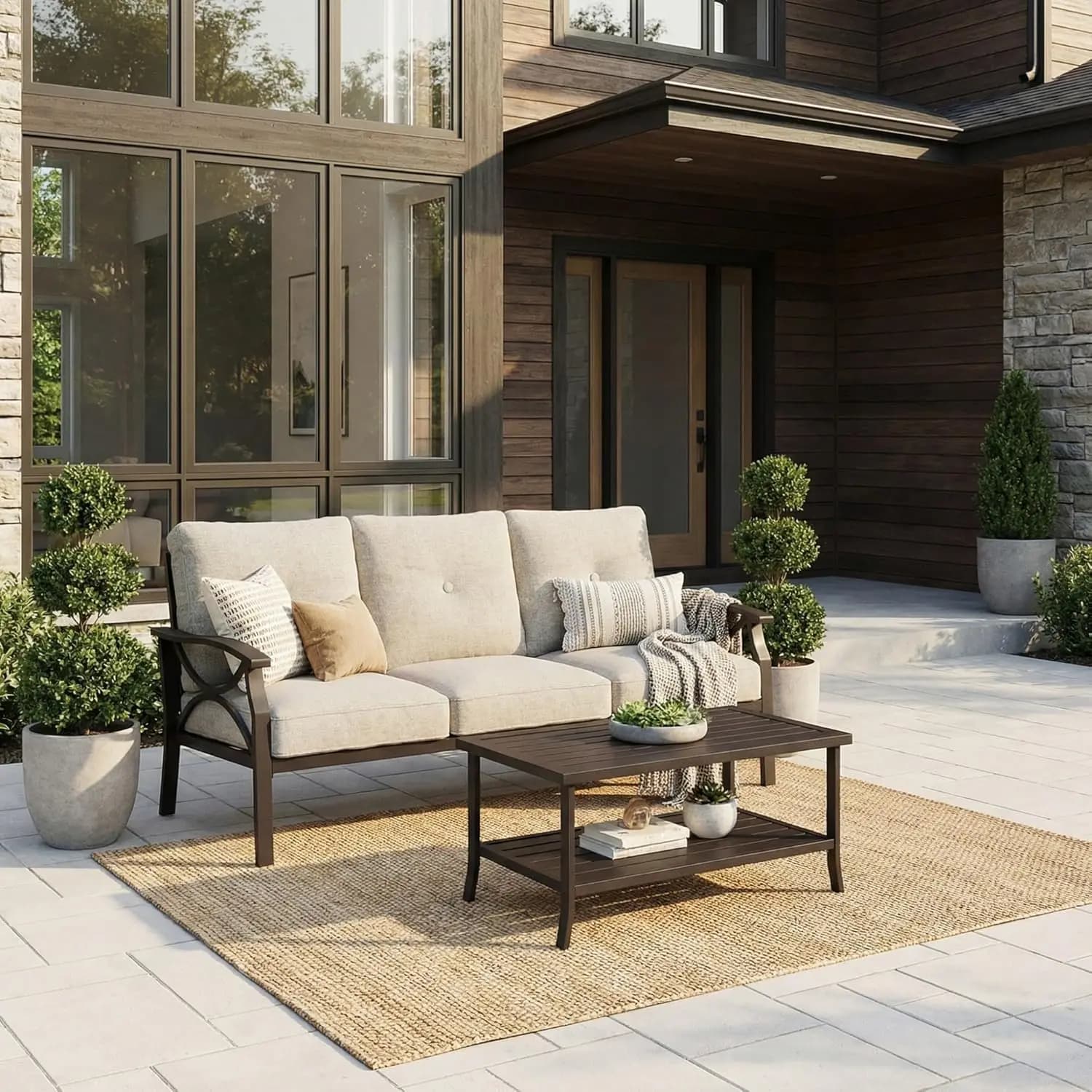 3 Post Metal Exterior Furniture Set with Bearings for Veranda and Courtyard, Sofa and Chair in 2 Pieces, Kaki and Beige, Customizable
