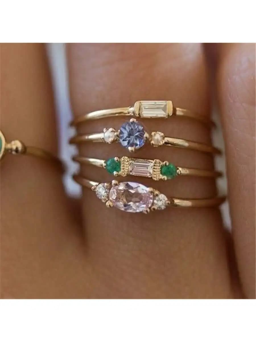 4 anelli impilabili alla moda con zirconi intarsiati per donna, casual, per feste e fidanzamenti