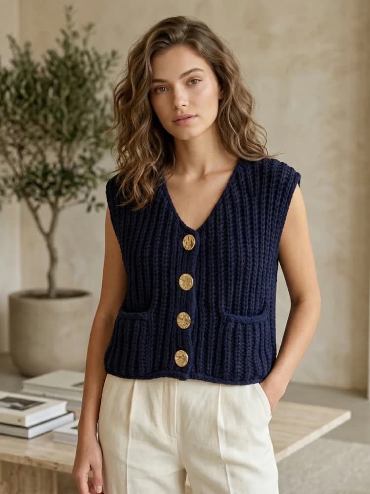 Gilet in maglia da donna, senza maniche, marrone, stile preppy, corto, per primavera autunno