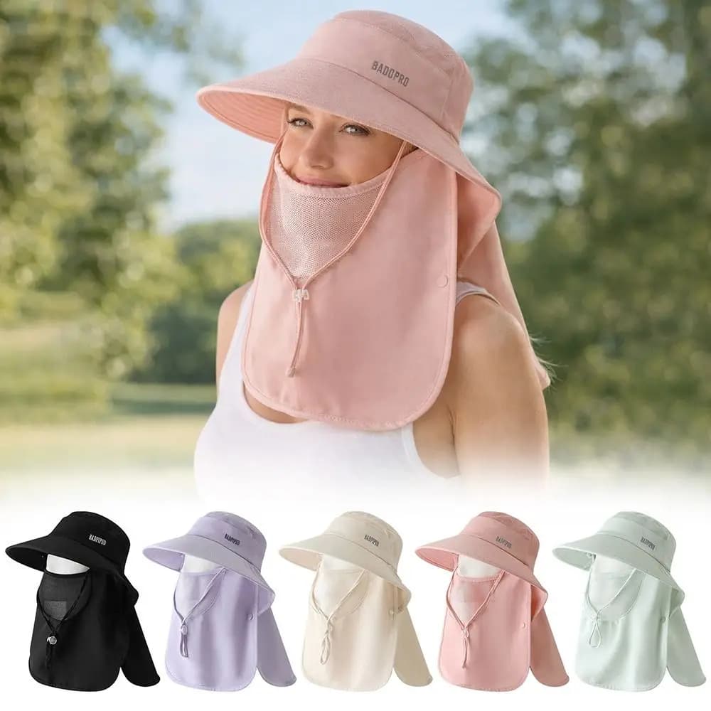 Nuovo Cappello da Sole Donna con Protezione UV, Tesa Larga e Maschera Integrata, Scudo Solare Estivo Regolabile Tutto-in-uno per Viso e Collo