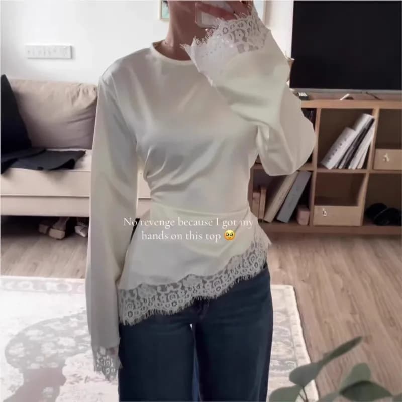 Camicia Elegante Chic in Raso Estate 2026 con Patchwork in Pizzo, Scollo a O, Maniche Svasate, Tinta Unita, Allacciatura in Vita, Blusa Irregolare