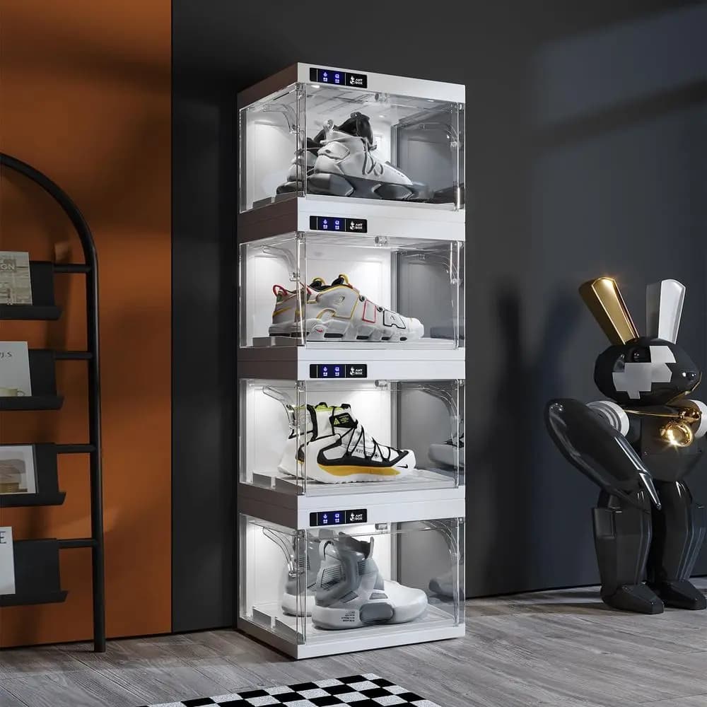Organizzatore per Scarpe con LED e Controllo Intelligente, Scatole per Scarpe in Plastica Trasparente Impilabili per Esposizione e Collezione di Sneaker, Apertura Automatica